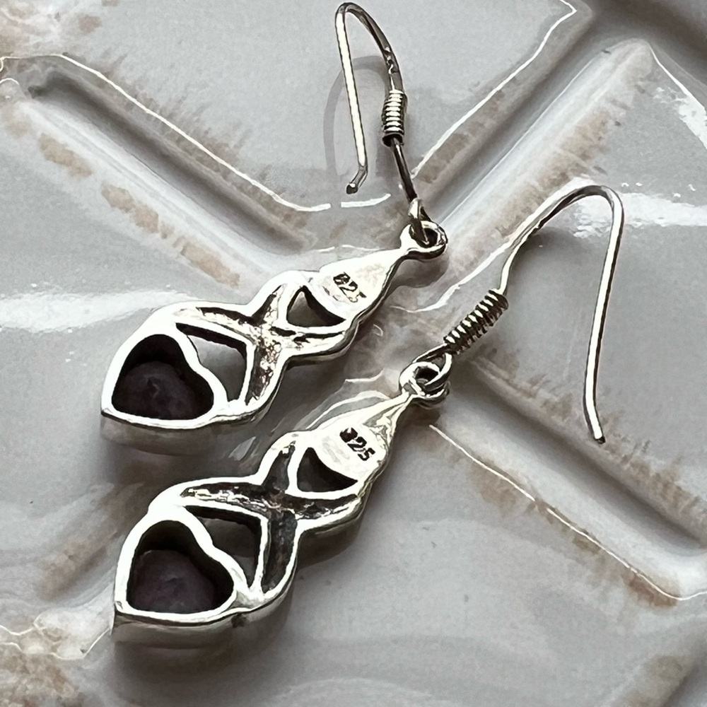 Heart Dangle Earrings Vintage Sterling Silver Purple Stones 925 NOS - Picture 3 of 4